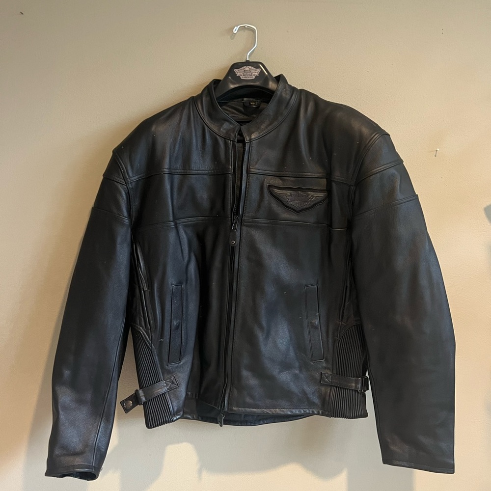 Harley Davidson Black Leather Embroidered Motorcycle Quilted Jacket XL